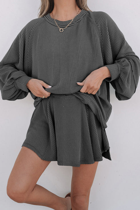 Corded Lantern Sleeve Top Ruffled Mini Skirt Two Piece Dress